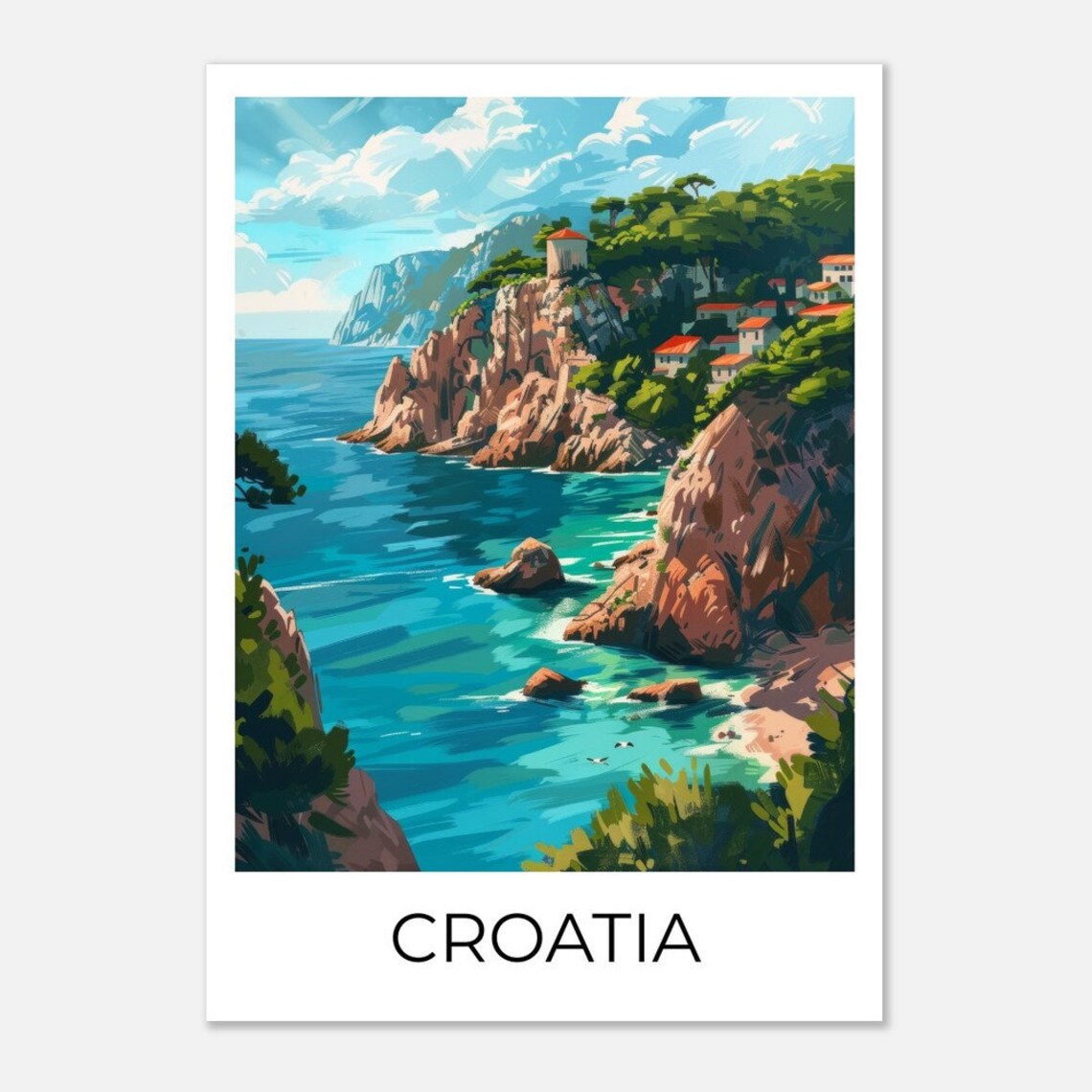 Croatia Rocky Cove Cliffside Village Azure Sea Sailboats Art Poster
