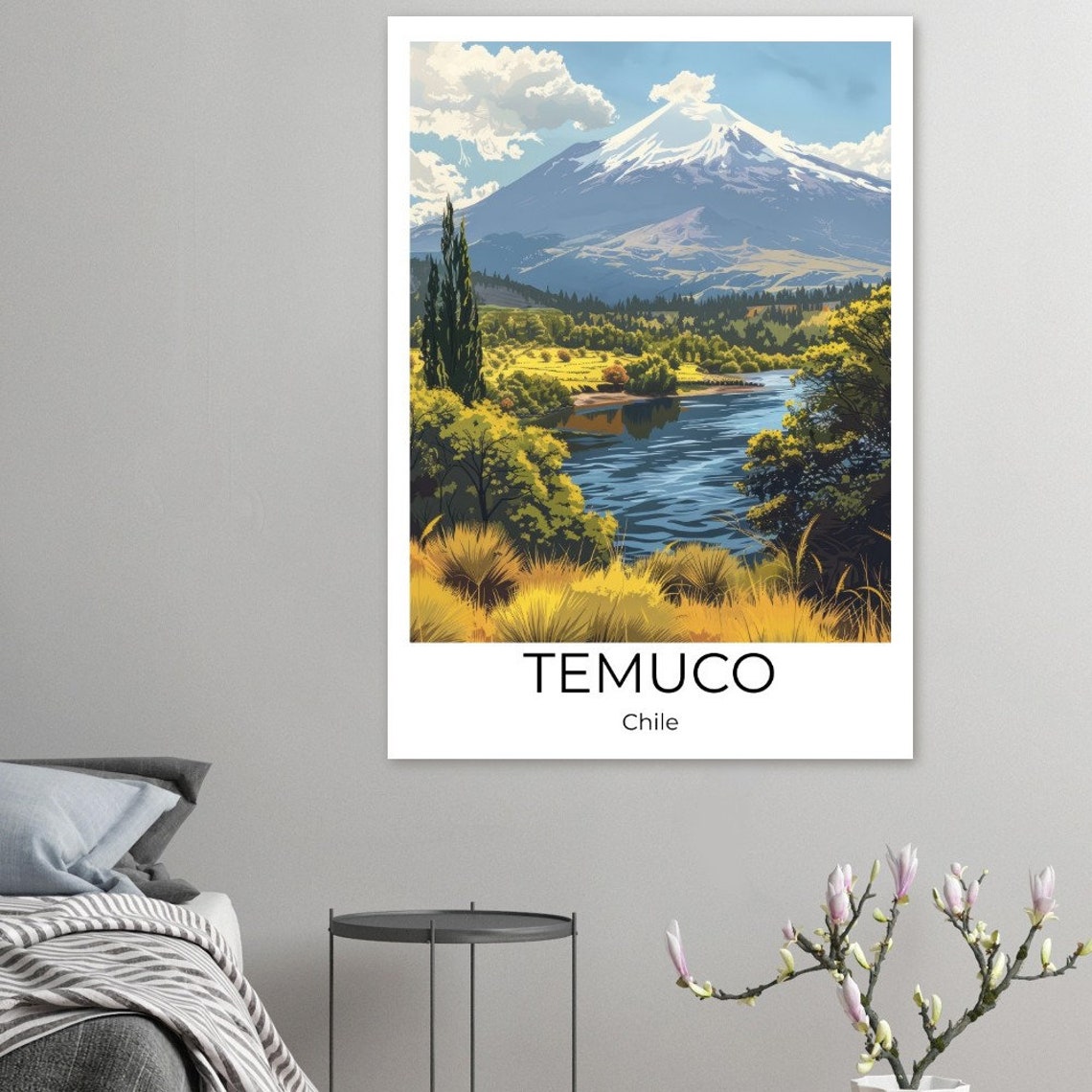 Temuco Chile Snowy Volcano River Golden Meadow Landscape Poster - Image 3