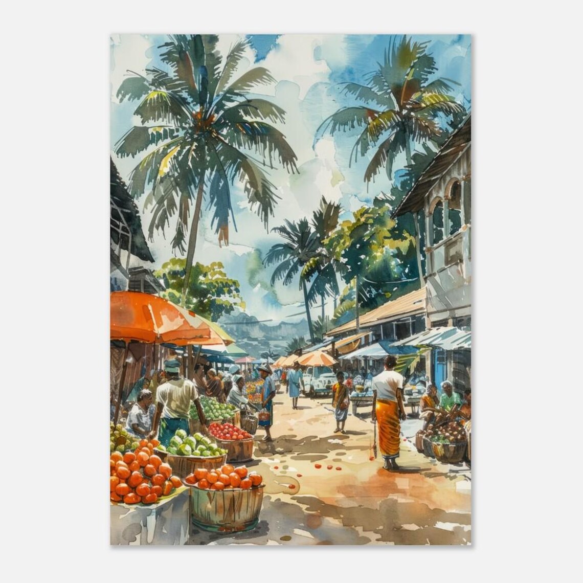 Mauritius Tropical Market Street Palm Watercolor Scene Art Poster
