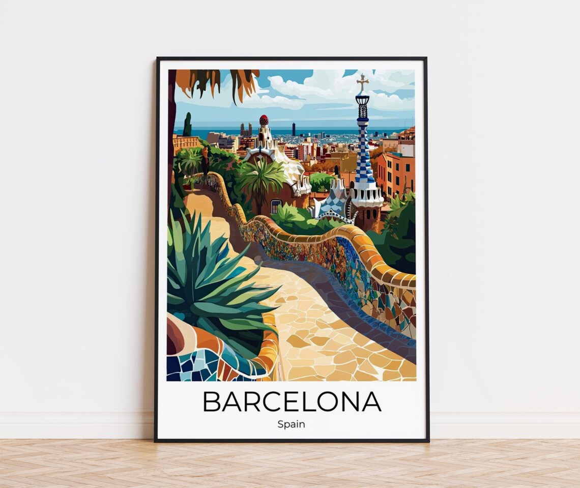 Barcelona Park Guell Gaudi Mosaic Terrace Colorful Travel Poster