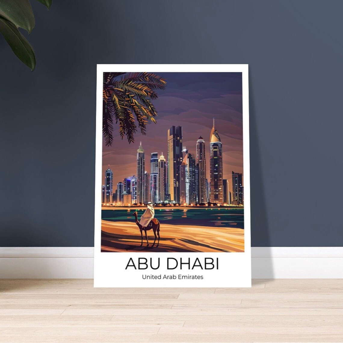 Abu Dhabi Camel Rider on the Beach Sunset Skyline Travel Poster - Image 3