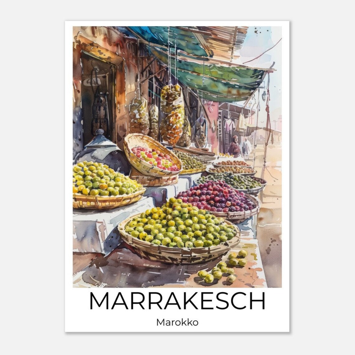 Marrakech Souk Market Travel Poster Morocco Fruit Stalls Watercolor - Image 4