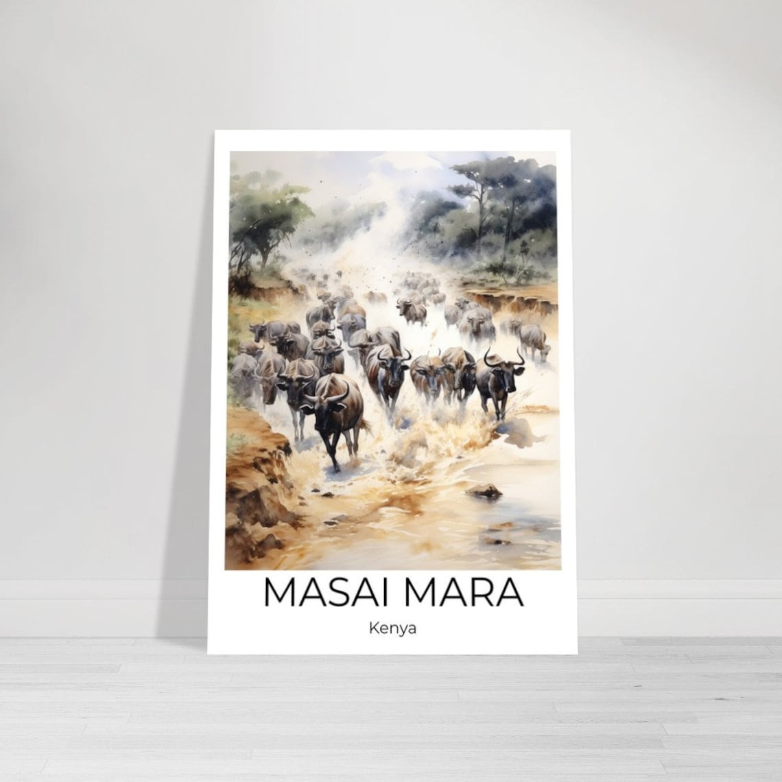Masai Mara Kenya Wildebeest River Crossing Watercolor Travel Poster