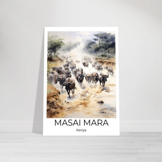 Masai Mara National Park Watercolor Travel Poster Rivercrossing Mara Wall Art Africa Travel Print Kenya Kenya Wall Decoration