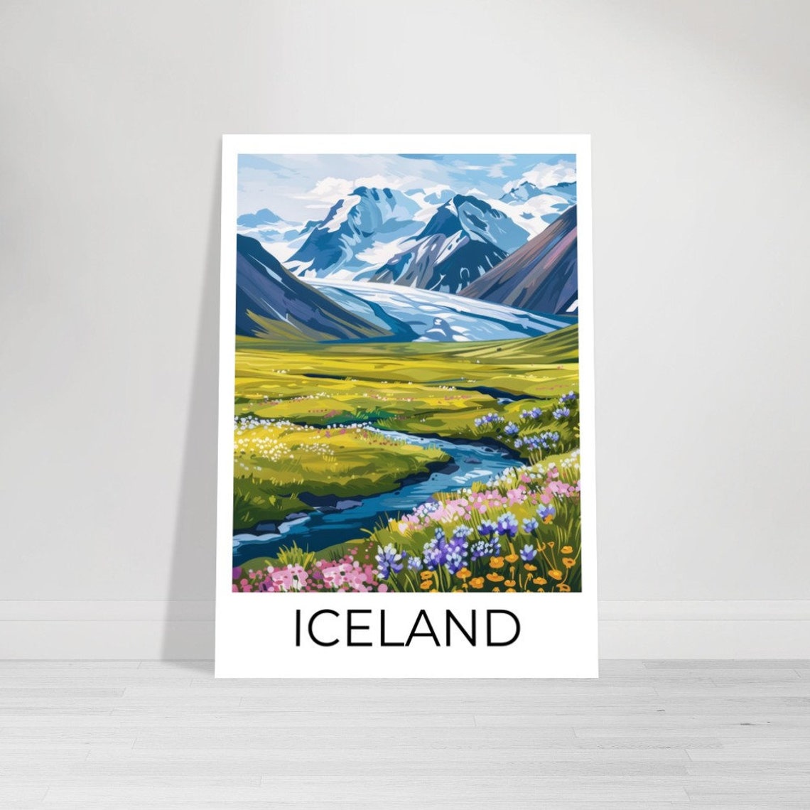 Iceland Summer Glacier Valley Wildflower Stream Landscape Poster