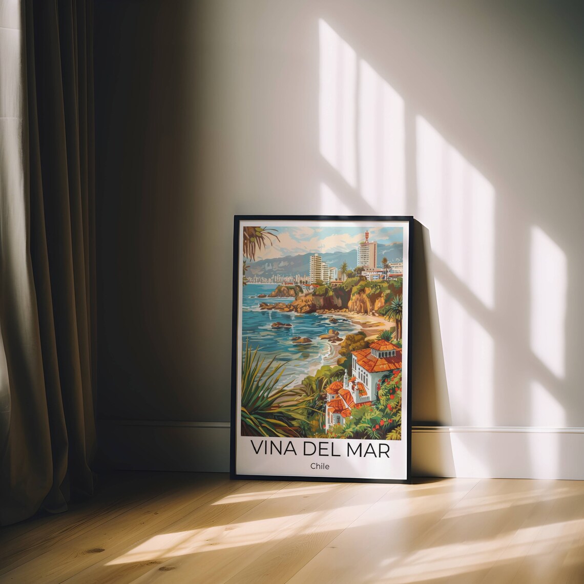 Viña del Mar Chile Illustrated Rocky Coast and Cliffside Villas Poster - Image 2