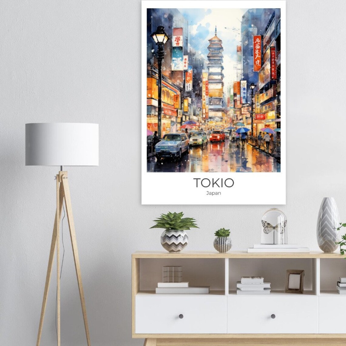 Tokio Japan Rainy Night Neon Street Pagoda Watercolor Poster - Image 2