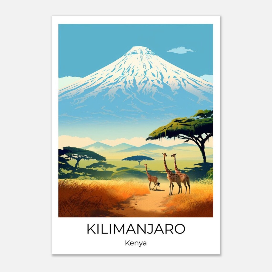 Kilimanjaro Kenya Giraffes and Acacia Trees Under Snow Peak Poster - Image 2