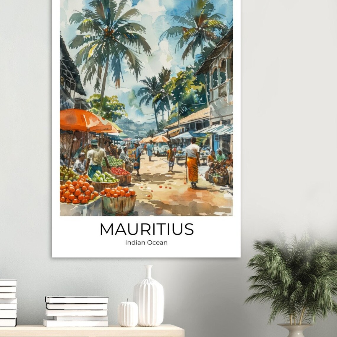 Mauritius Indian Ocean Street Market Palm Watercolor Travel Poster - Image 2