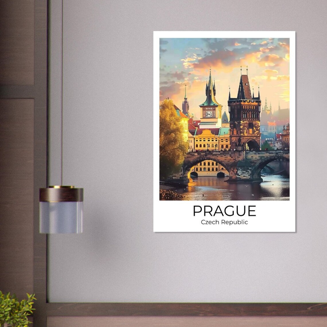 Prague Czech Republic Travel Poster Charles Bridge Sunset Towers Art - Image 3