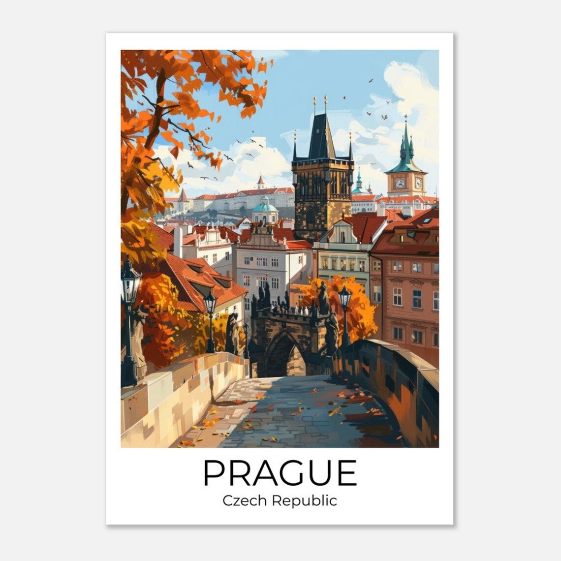 Prague Charles Bridge in Autumn Foliage Czech Republic Travel Poster