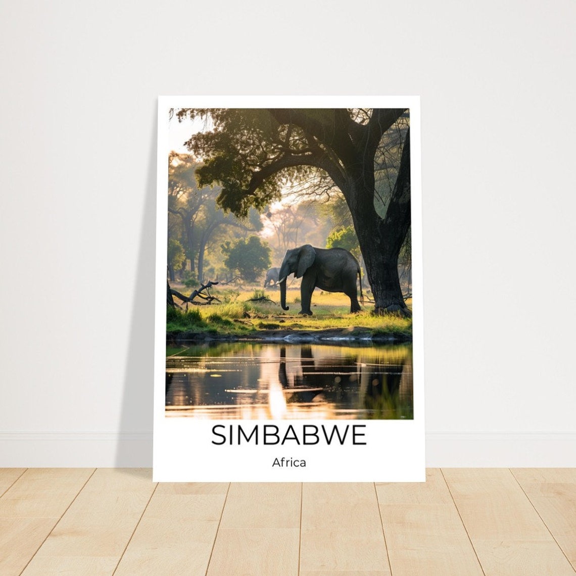 Zimbabwe Africa Elephants River Sunset Wildlife Travel Poster