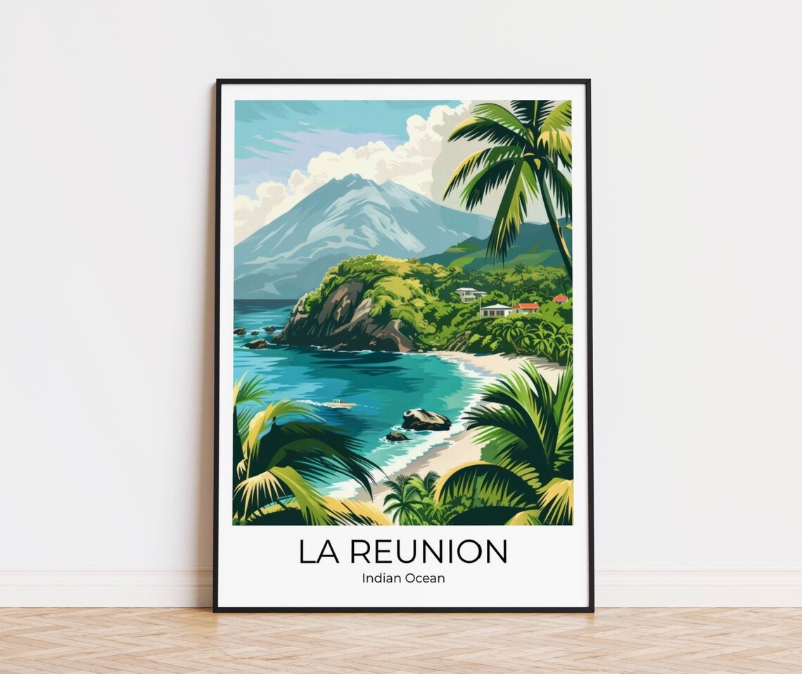 La Reunion Indian Ocean Island Cove Beach Volcano Travel Poster