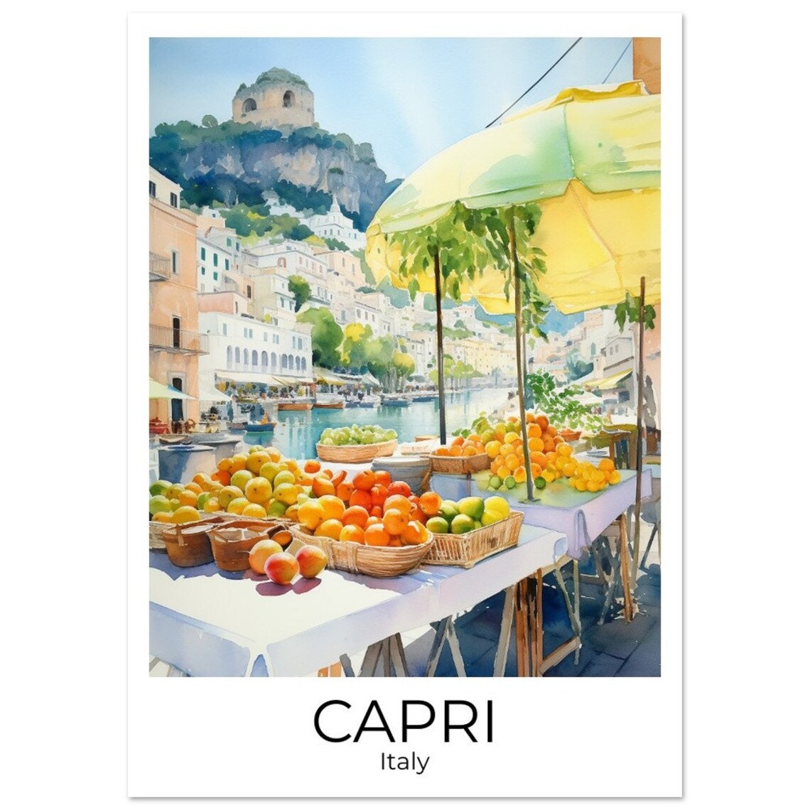 Capri Italy Fruit Market Oranges Waterfront Watercolor Poster - Image 3