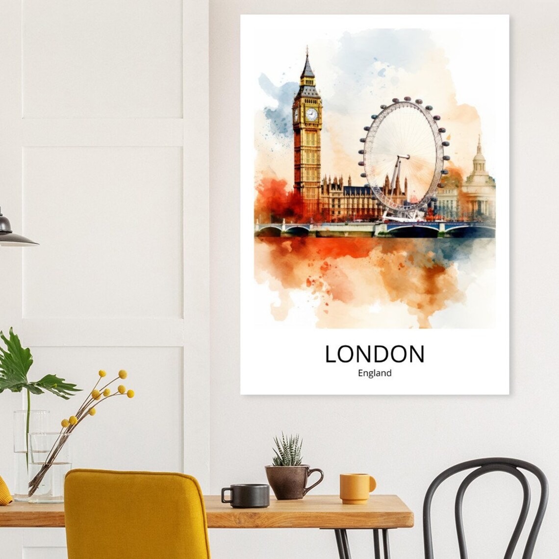 London Big Ben London Eye Parliament Watercolor Skyline Travel Poster - Image 3