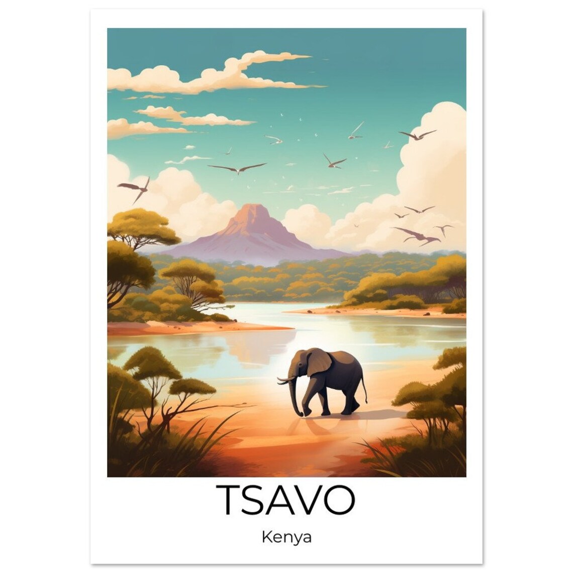 Tsavo Kenya Travel Poster African Elephant River Safari Sunset Art - Image 4