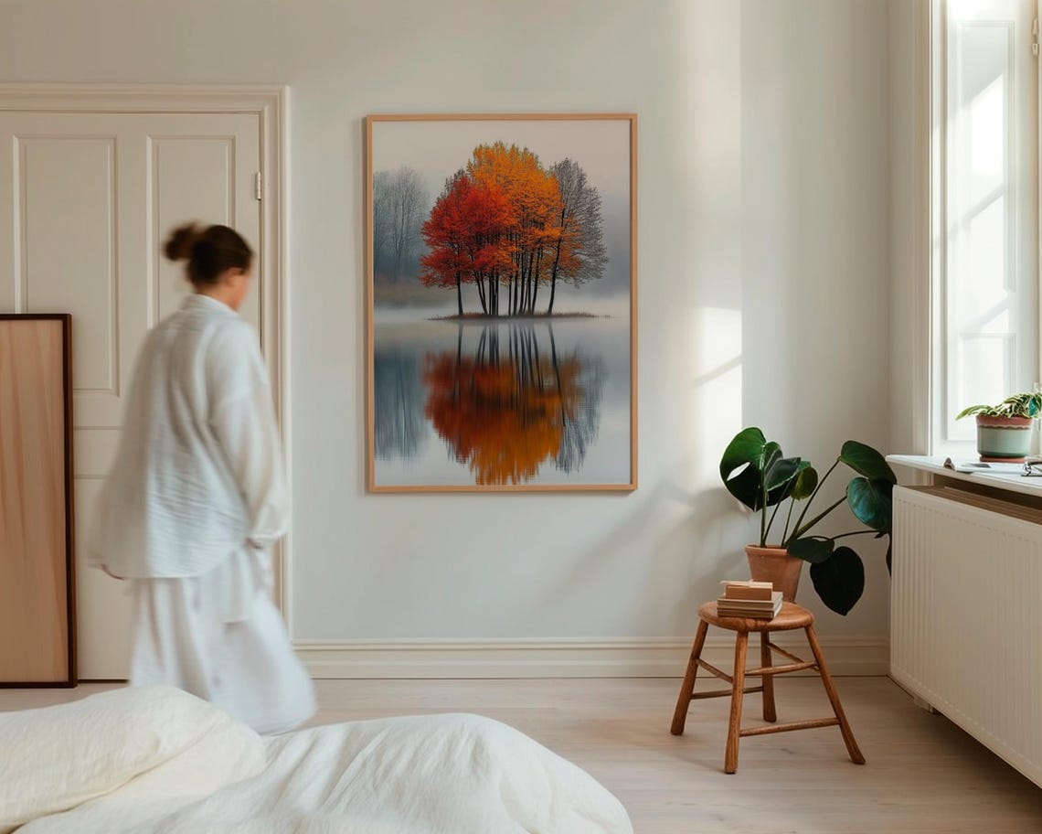 Red Orange Birch Grove Autumn Poster Misty Lake Mirror Reflection - Image 4