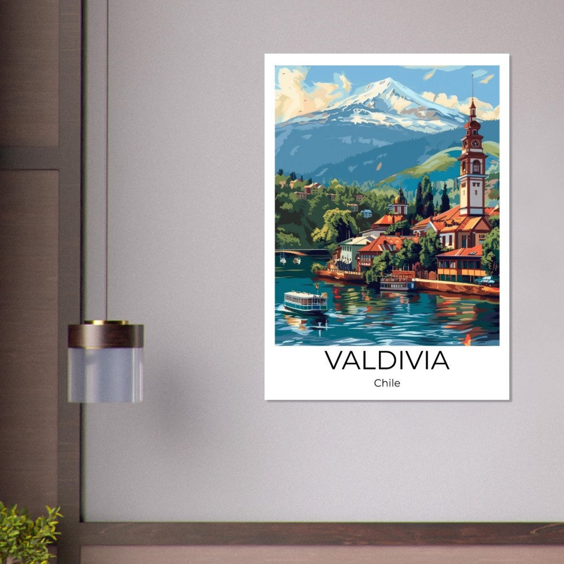 Valdivia Chile Riverside Clock Tower Snowy Volcano Travel Poster - Image 2
