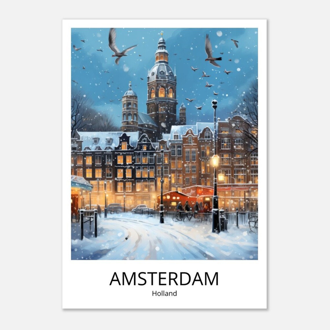 Amsterdam Winter Church Tower Snow Canal Houses Illustration Poster - Image 3