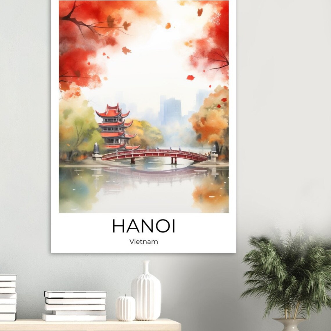 Hanoi Vietnam Red Temple Bridge Autumn Leaves Watercolor Poster - Image 2