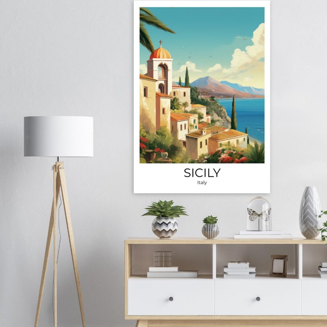 Sicily Italy Coastal Town Orange Dome Church Watercolor Poster - Image 2