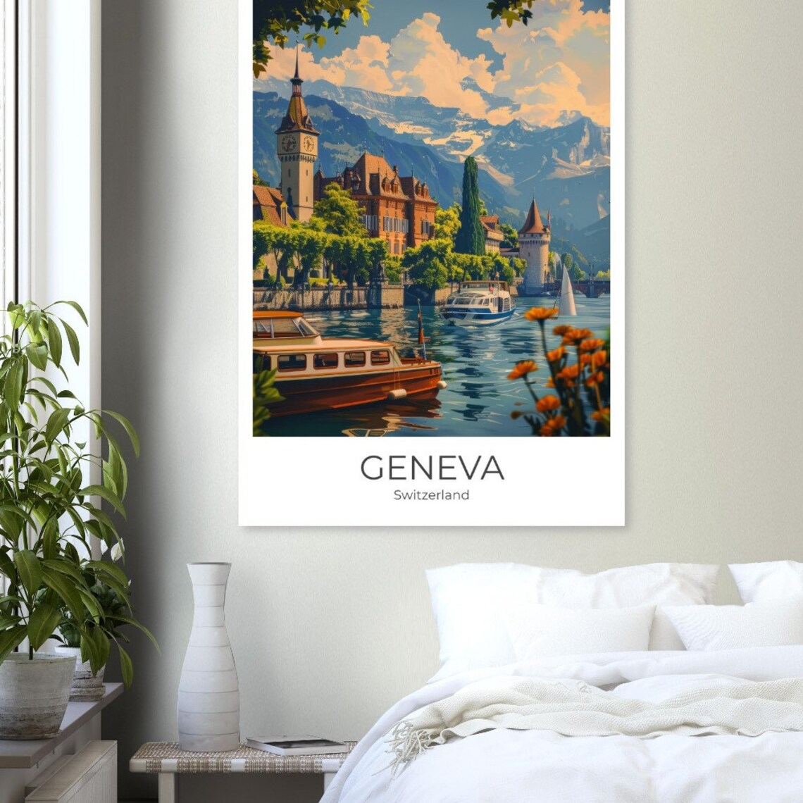 Geneva Lakefront with Boats and Mountains Switzerland Travel Poster - Image 4