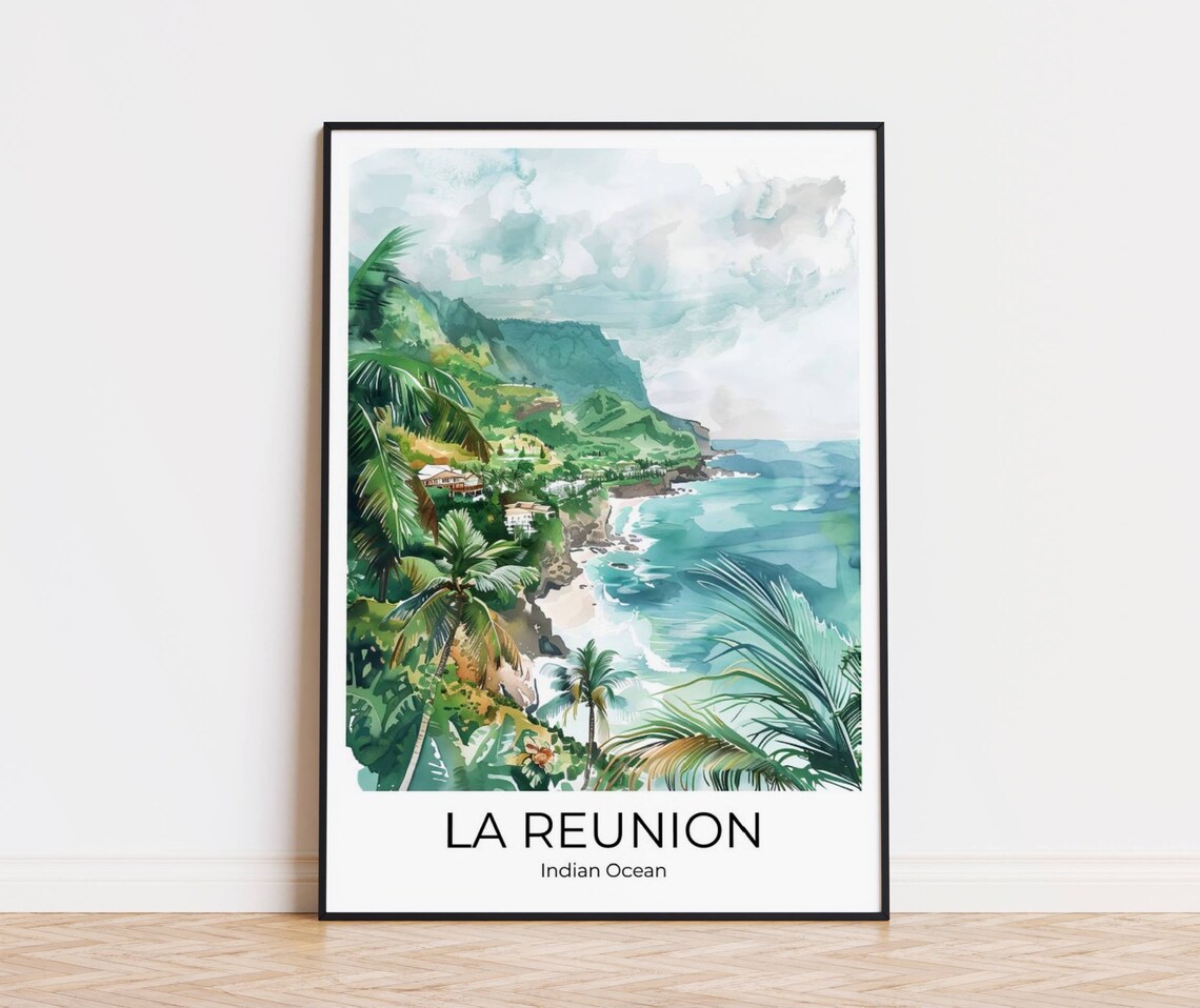 La Reunion Indian Ocean Tropical Coast Watercolor Travel Poster