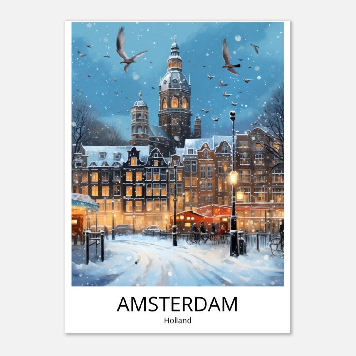 Amsterdam Winter Church Tower Snow Canal Houses Illustration Poster - Image 2