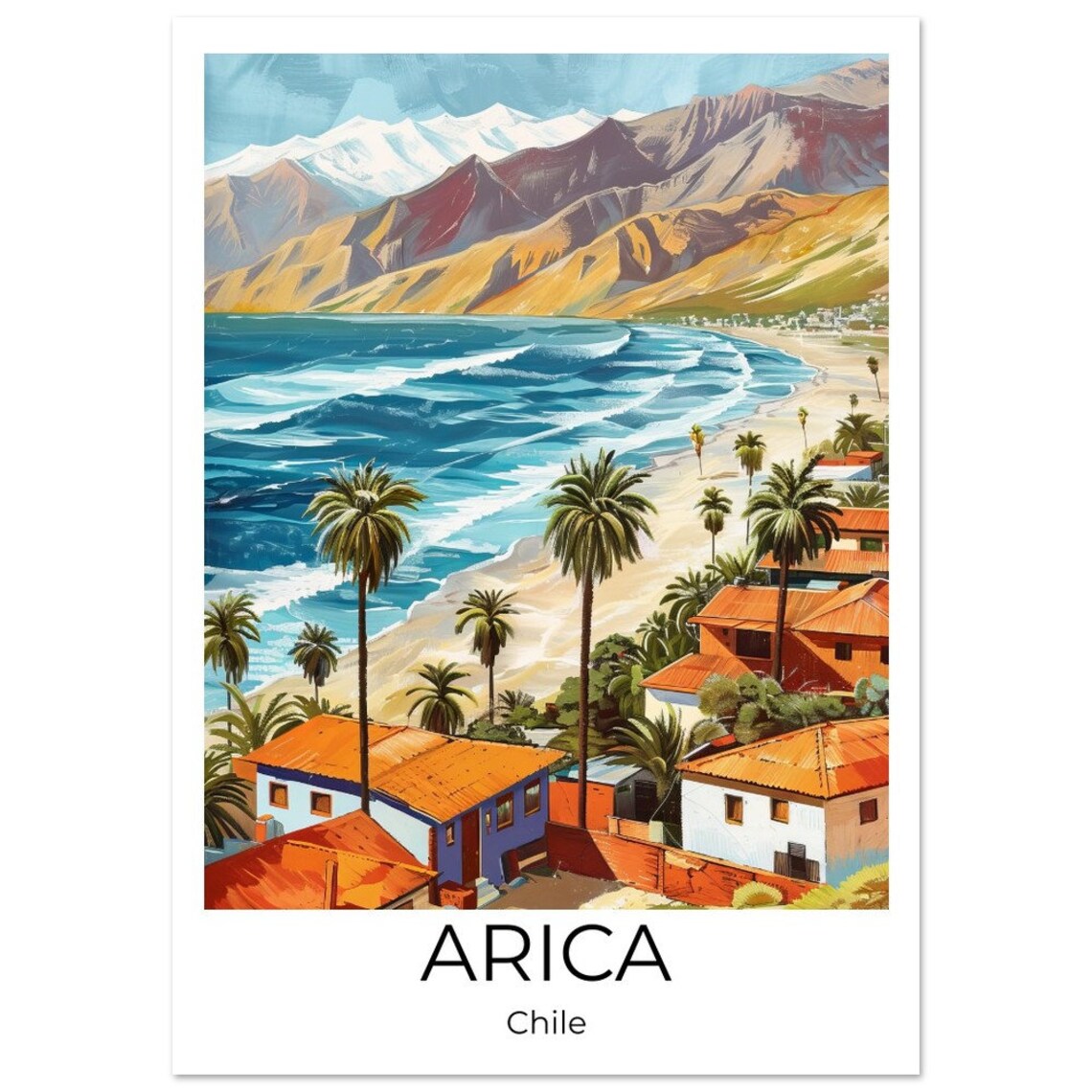 Arica Chile Palm Beach Terracotta Roofs Mountain Coast Travel Poster - Image 4