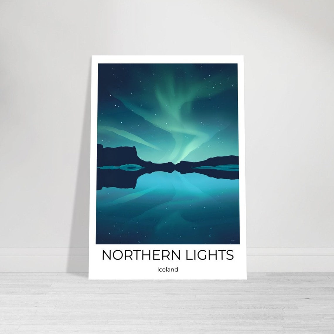 Northern Lights Iceland Aurora Over Still Water Night Sky Poster