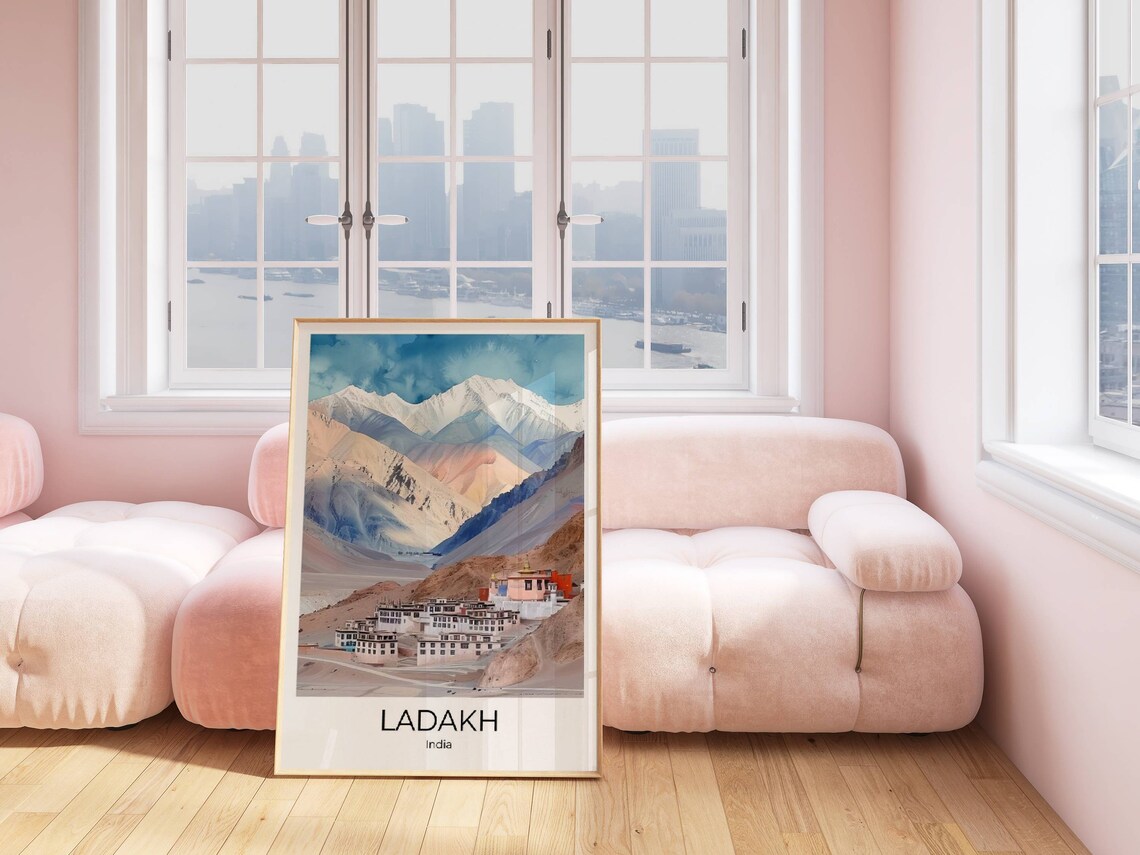 Ladakh India Travel Poster Himalayan Monastery Mountain Watercolor - Image 3