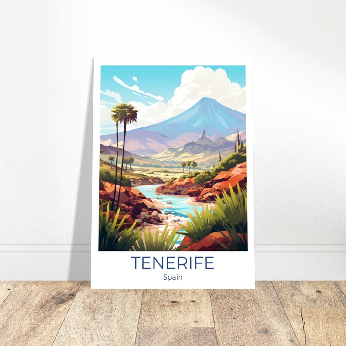 Tenerife Spain Mount Teide Volcano Illustration With Red Rocks Poster