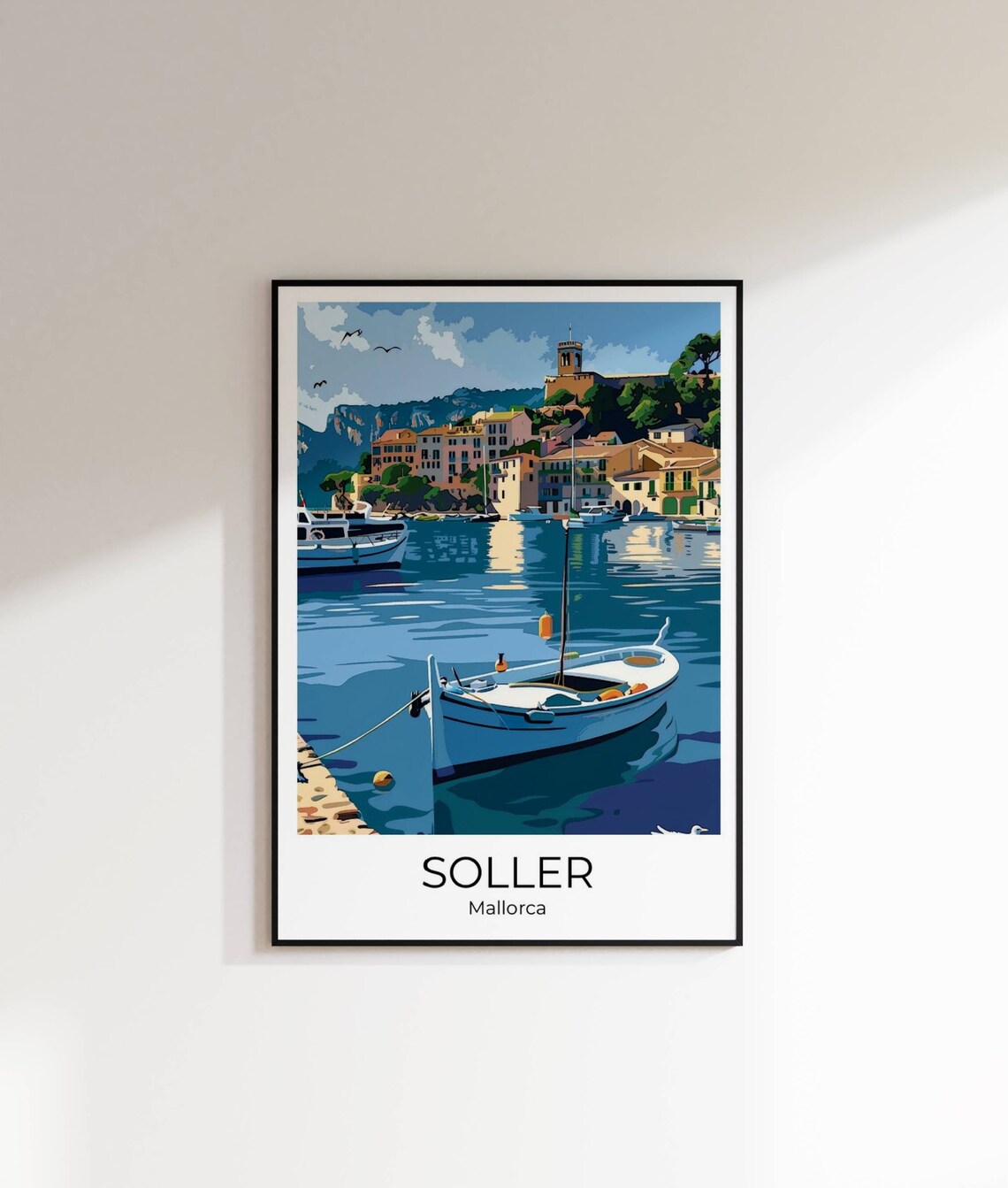Soller Mallorca Harbor White Fishing Boat Church Hill Travel Poster - Image 2
