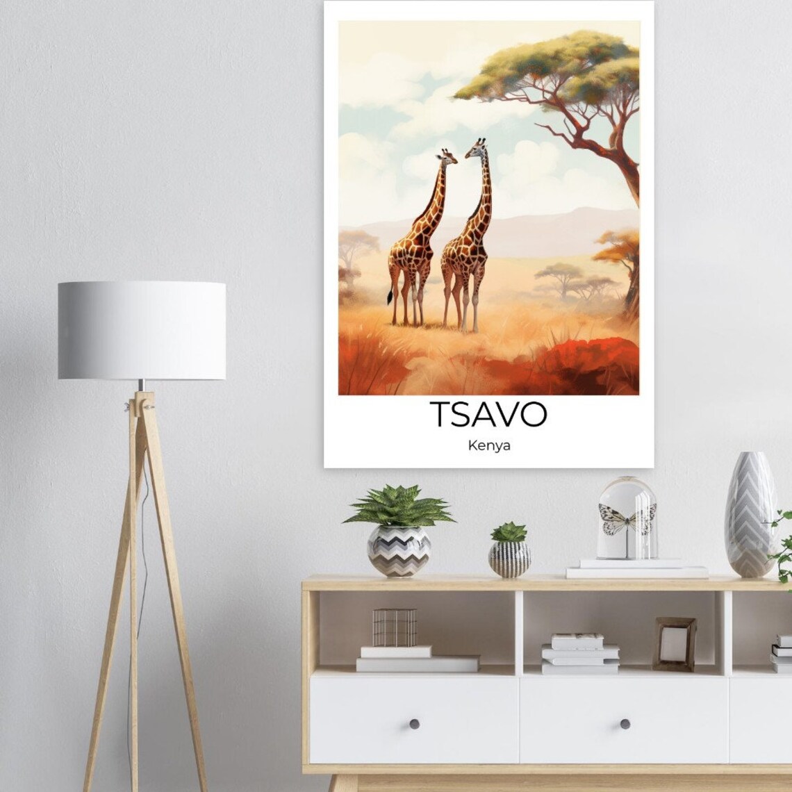Tsavo Kenya Watercolor Giraffes Savanna Wildlife Travel Poster - Image 2