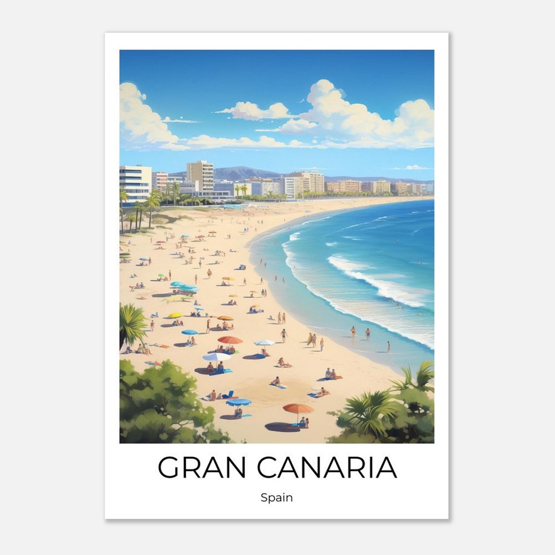 Gran Canaria Spain Busy Beach With Parasols and Resort Skyline Poster - Image 2