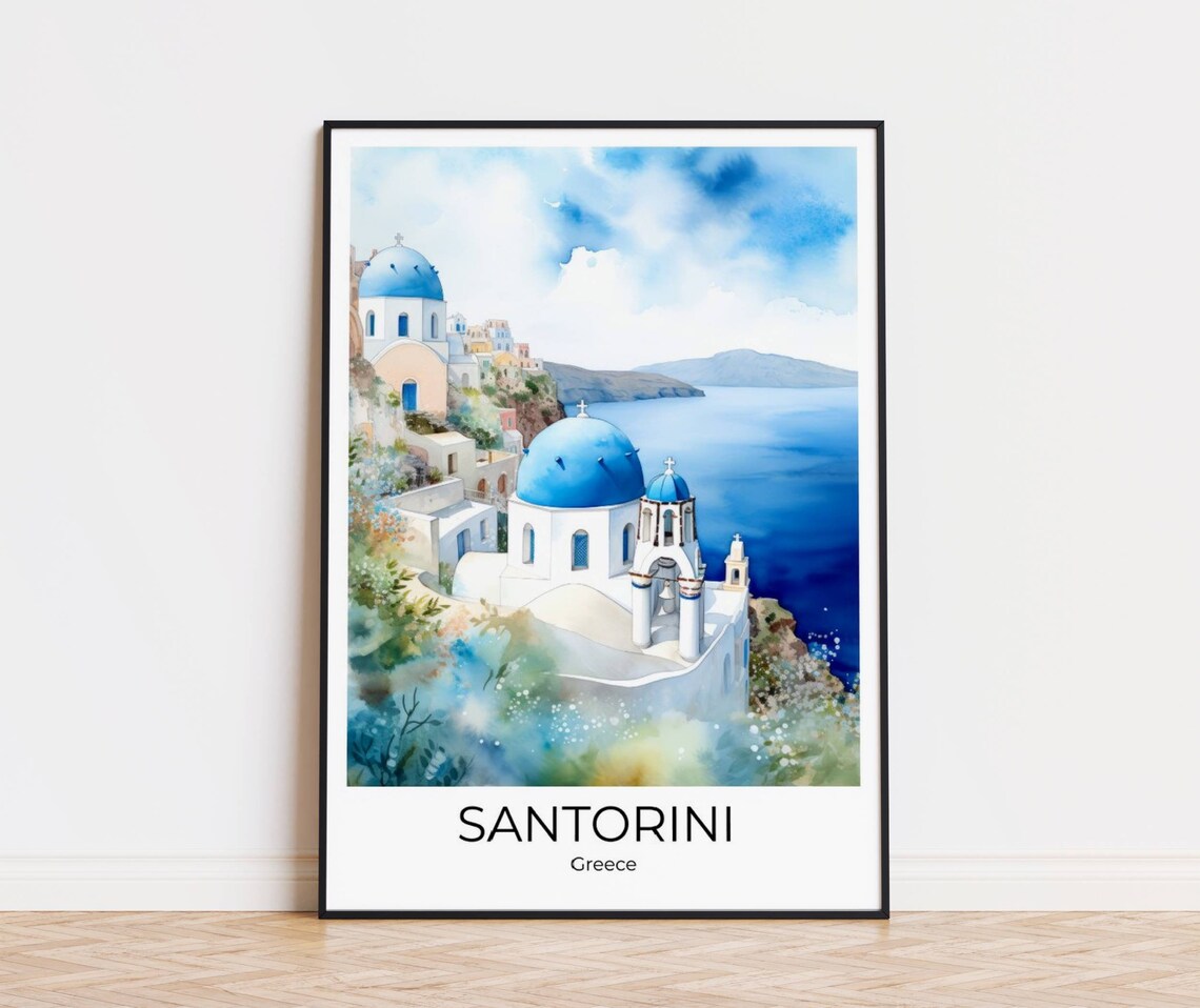 Santorini Greece Blue Domes Cliff Sea View Watercolor Travel Poster