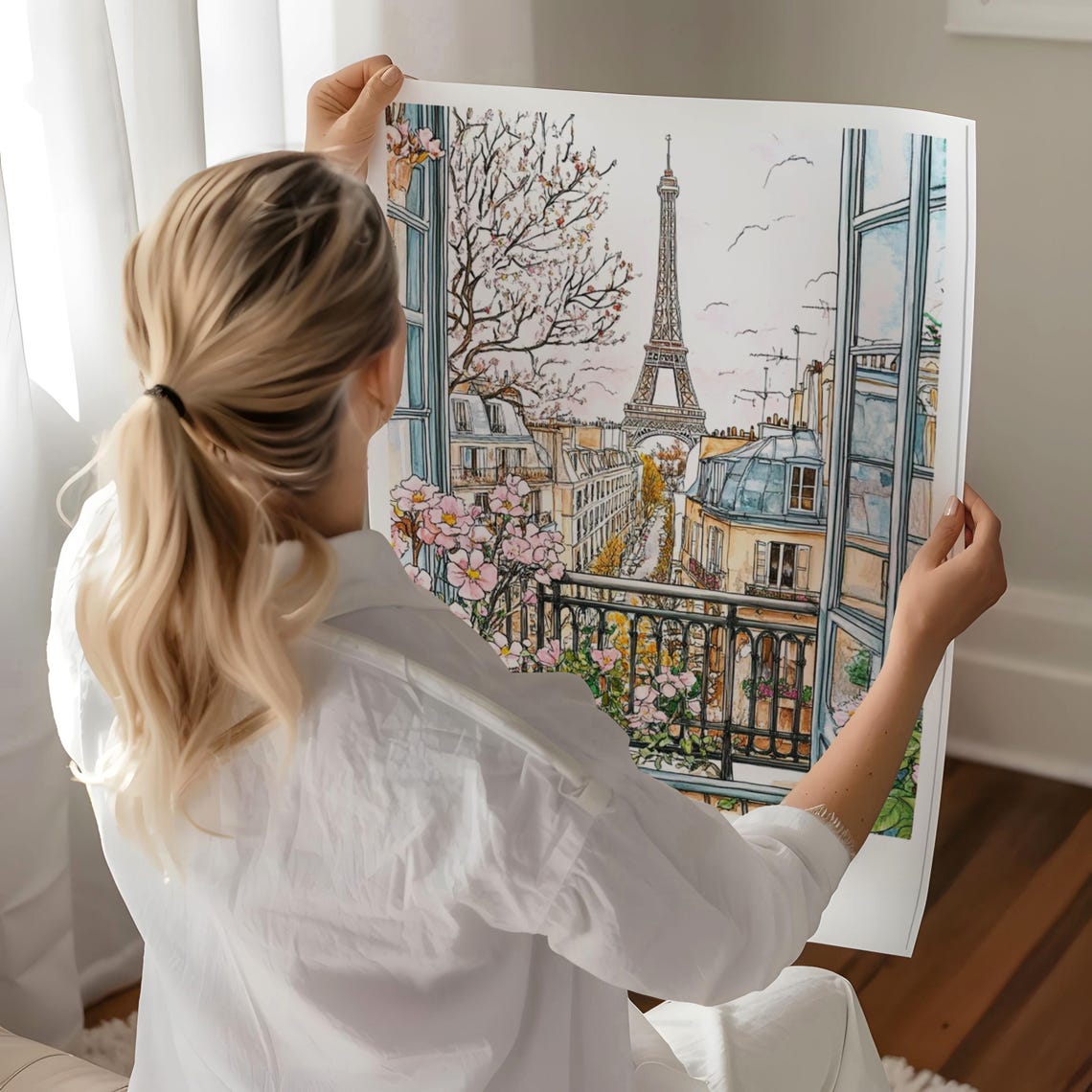Paris Balcony Blossom Spring Eiffel Tower View Watercolor Poster - Image 3