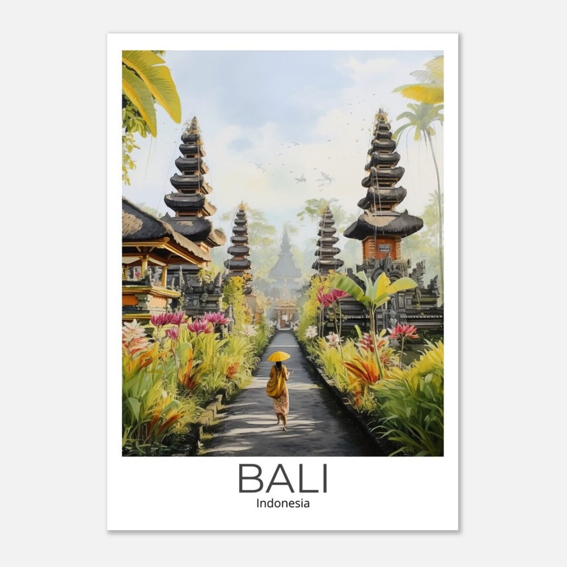 Bali Indonesia Watercolor Temple Meru Towers Garden Travel Poster - Image 5