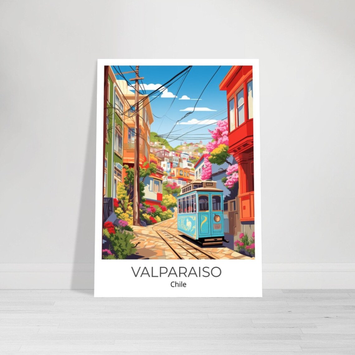 Valparaiso Chile Colorful Street Blue Tram Watercolor Poster - Image 2
