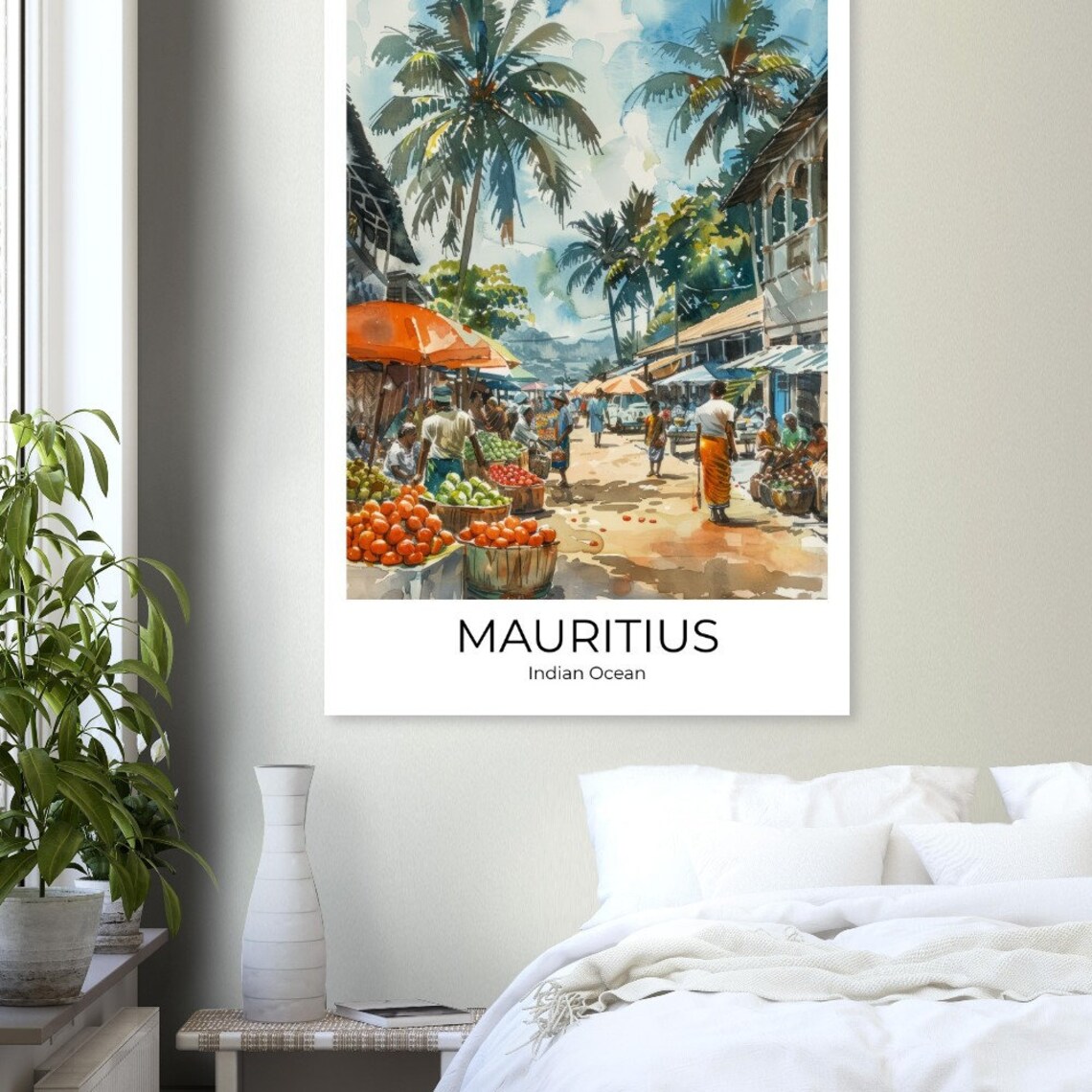 Mauritius Indian Ocean Street Market Palm Watercolor Travel Poster - Image 4