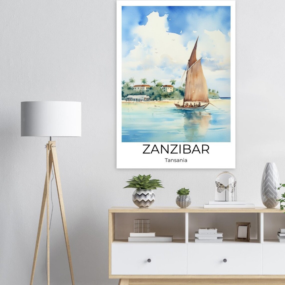 Zanzibar Tanzania Watercolor Dhow Sailboat Beach Travel Poster - Image 2