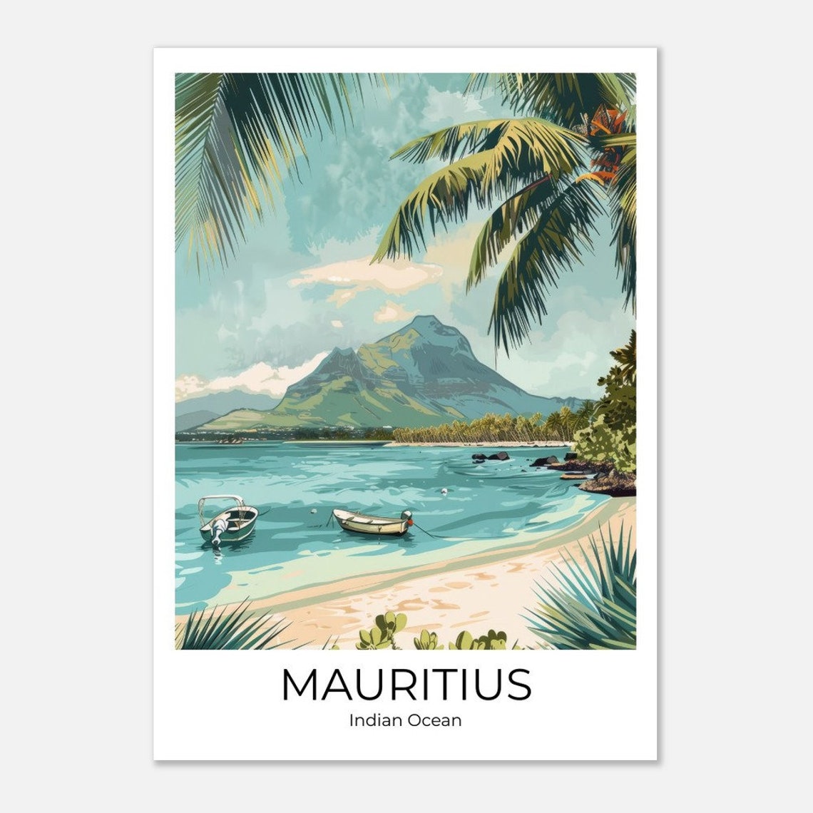 Mauritius Indian Ocean Tropical Beach Sailboat Vintage Travel Poster