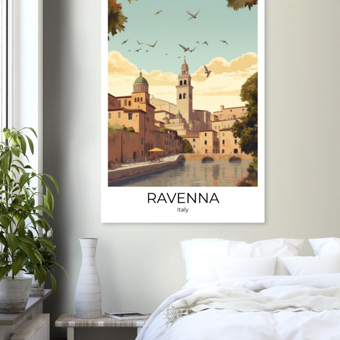 Ravenna Italy Illustrated Canal Church Tower and Birds Poster - Image 3