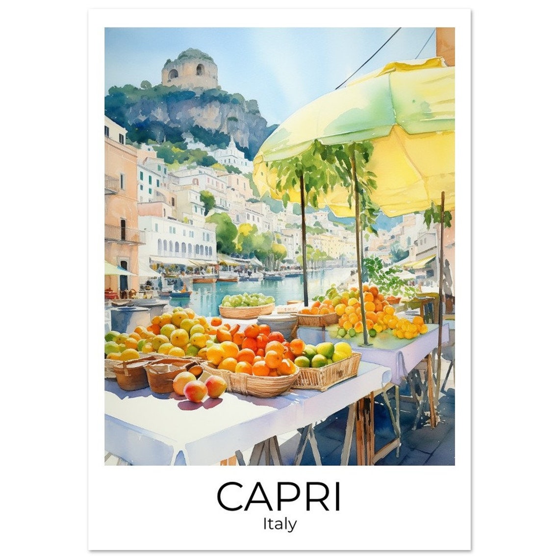 Capri Italy Fruit Market Oranges Waterfront Watercolor Poster