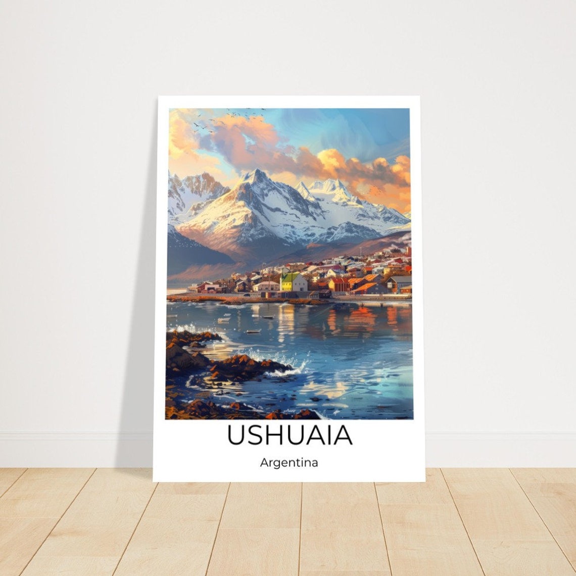 Ushuaia Argentina Harbor Town Snowy Mountains Watercolor Poster