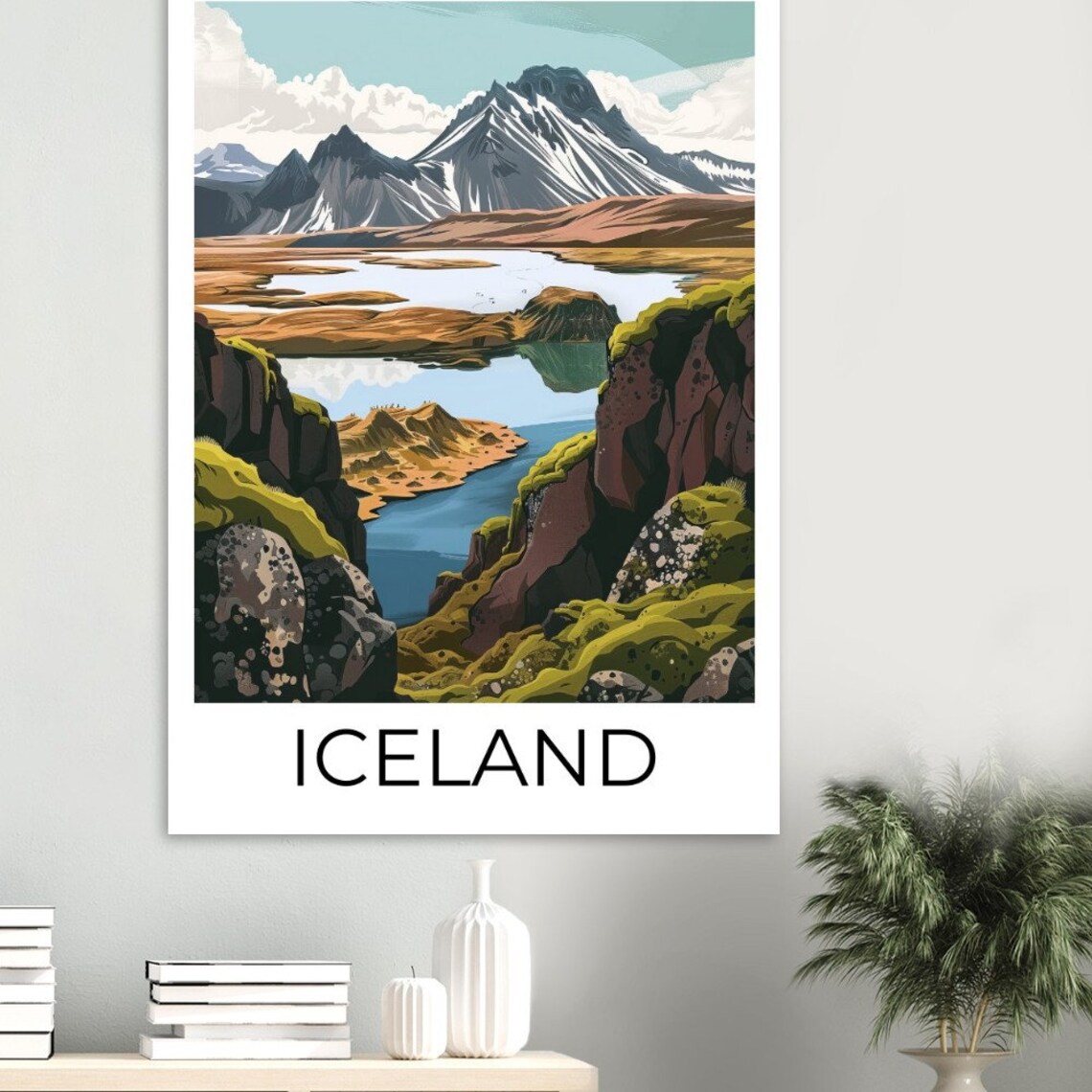 Iceland Snowy Peaks Mirror Lake Mossy Rocks Landscape Poster - Image 2