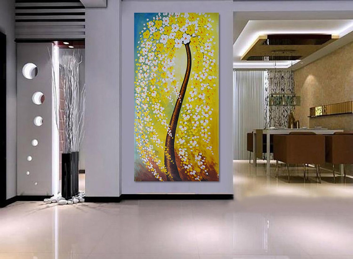 Curved Trunk Tree With Yellow White Blossoms Teal Oil Poster - Image 2