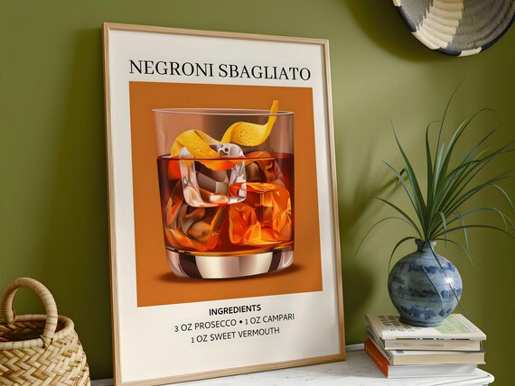 Negroni Sbagliato Cocktail Recipe Orange Vintage Bar Art Poster