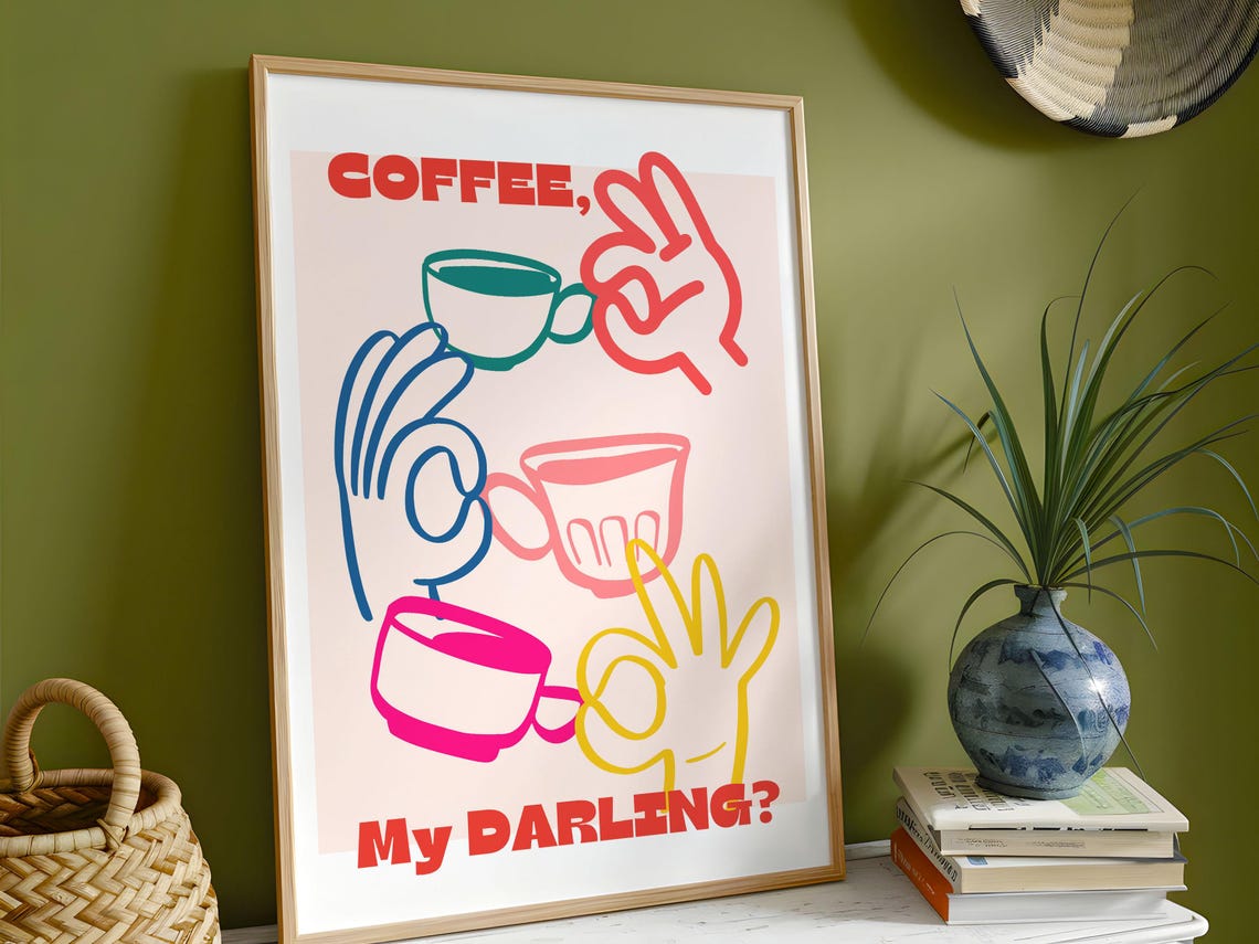 Coffee My Darling Colorful Line Art Hands Cups Cafe Decor Poster