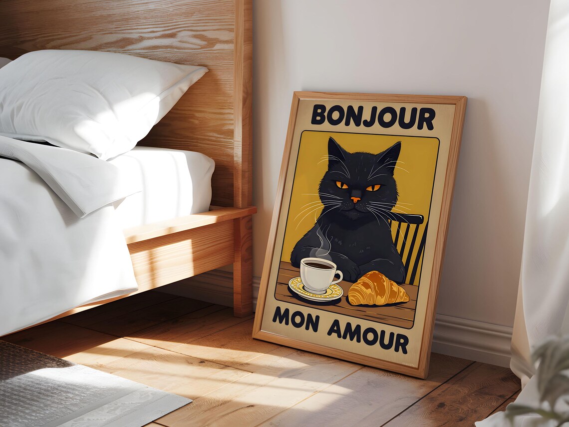 Bonjour Mon Amour Cat Portrait, Retro Style - Image 6